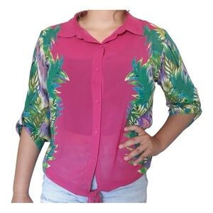 NICOLE MILLER | Hot Pink w/ Tropical Leaves blouse size M